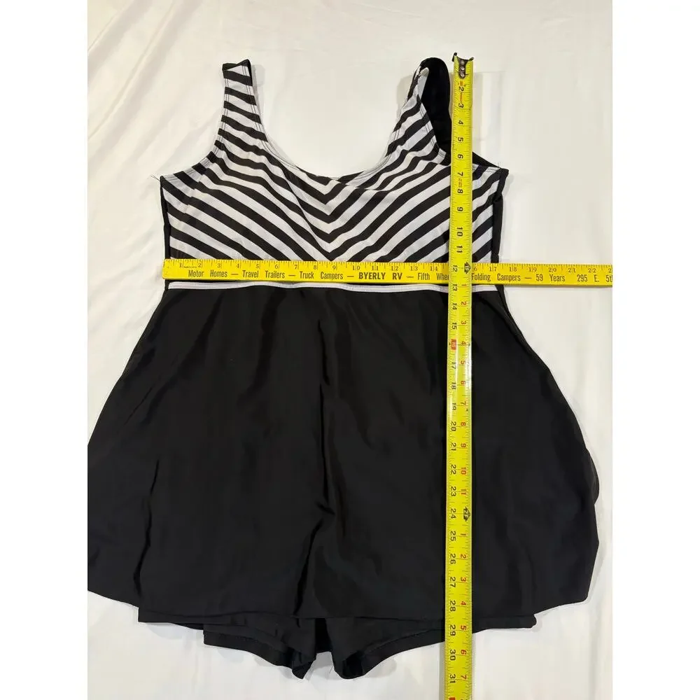 Danify One Piece Modest Black and White Striped Swimsuit Size 52 XL